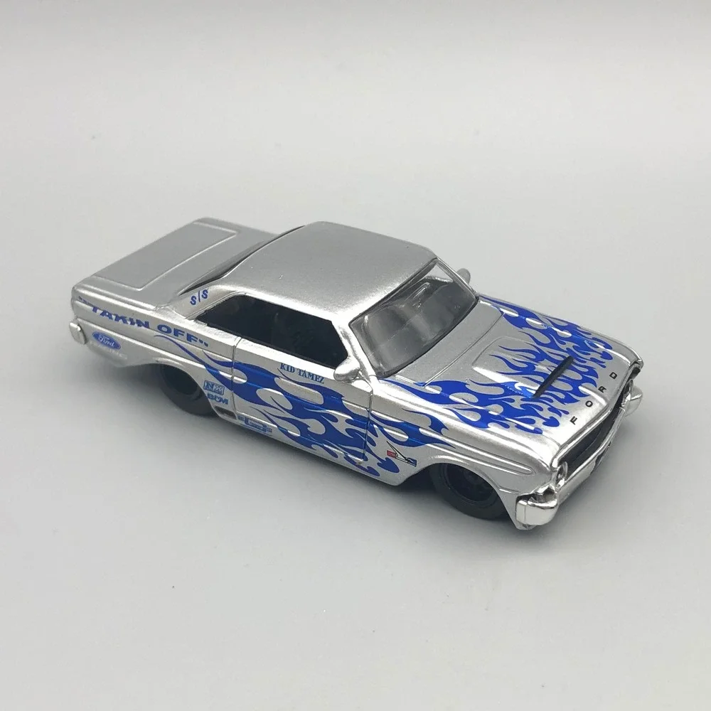Jada 1964 Ford Falcon Car Blue &‎ Silver Flames Diecast Rubber Racing Tires 1/64